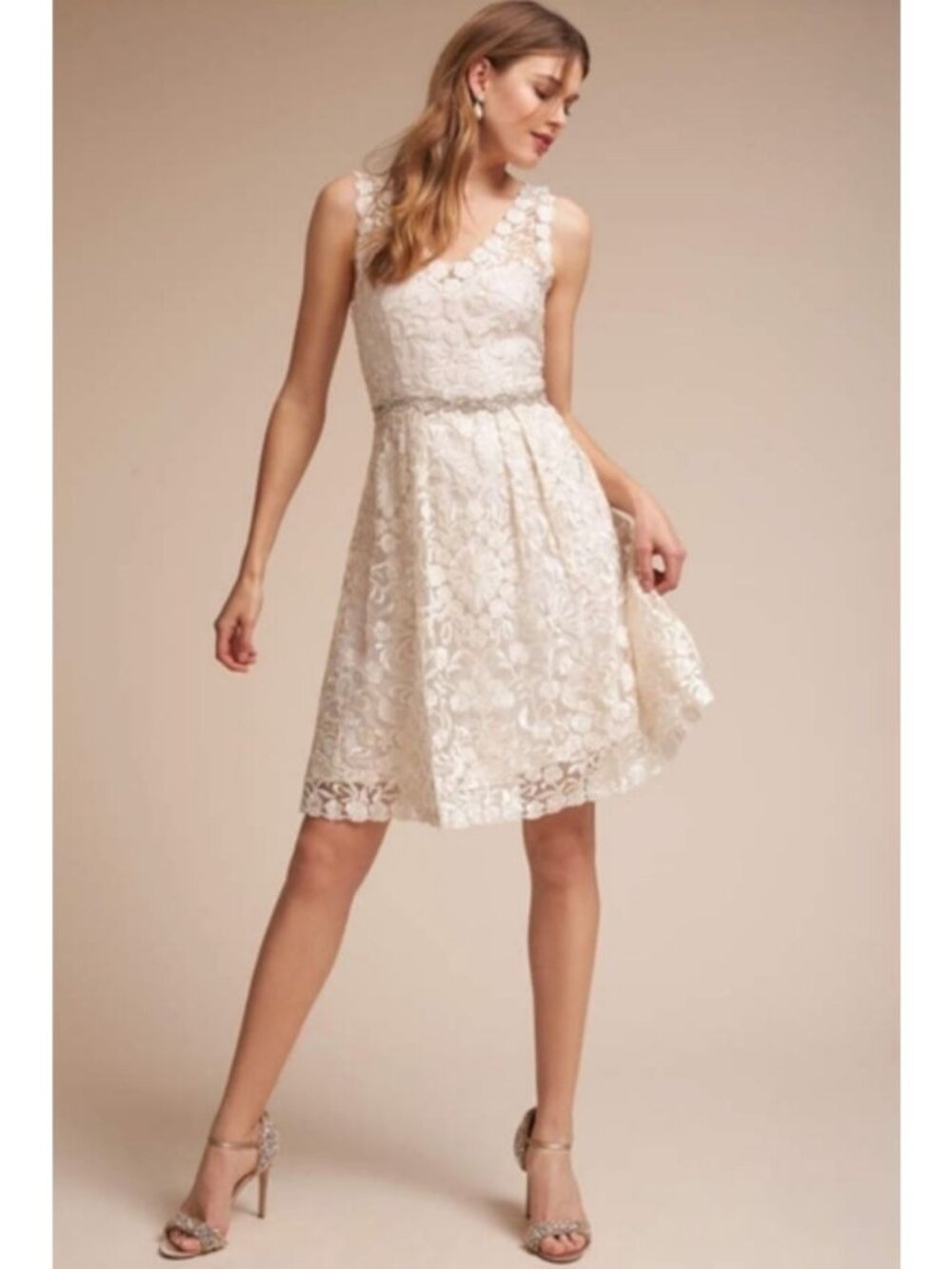 BHLDN Collins Mini Wedding Dress Floral Embroidered Silk A-Line Ivory White 16
